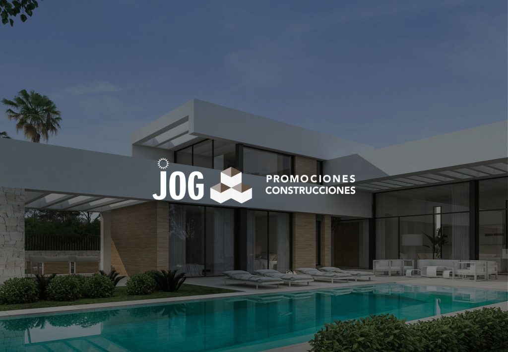 Logo de JOG Promociones y Construcciones sobre villa moderna con piscina y arquitectura contemporánea