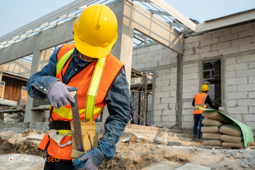 Trabajadores con casco y chaleco de seguridad realizando obras industriales en construcción de edificio