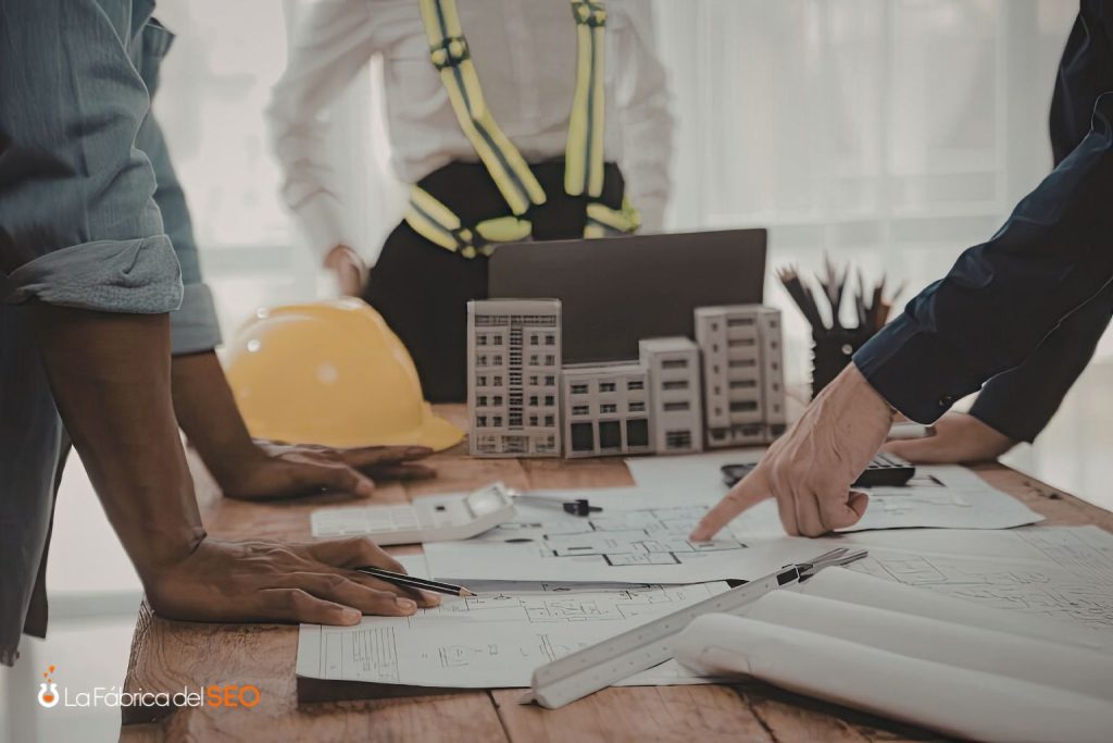 Equipo de arquitectos y constructor revisando planos y maqueta de edificios en mesa de trabajo de constructora
