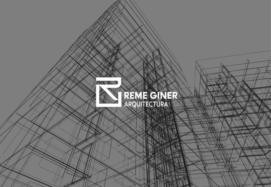 Logotipo de Reme Giner Arquitectura en blanco sobre fondo gris con estructura arquitectónica en wireframe 3D