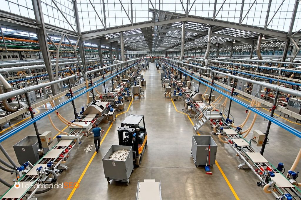 Amplia fábrica industrial moderna con líneas de producción automatizadas, carretilla elevadora y operarios trabajando en nave
