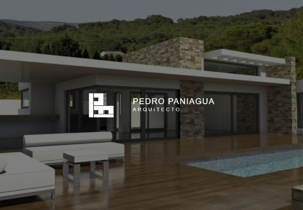 Render arquitectónico de casa moderna con piscina y logo de Pedro Paniagua Arquitecto