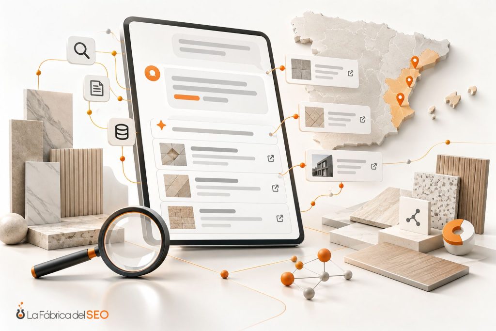 Estrategia SEO local para empresa de cerámica en España con búsqueda de productos en tablet y mapa de ubicaciones