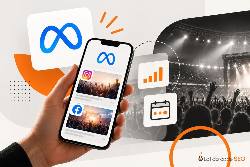 Mano sosteniendo smartphone con anuncios Meta Ads en Instagram y Facebook para promocionar conciertos y eventos musicales